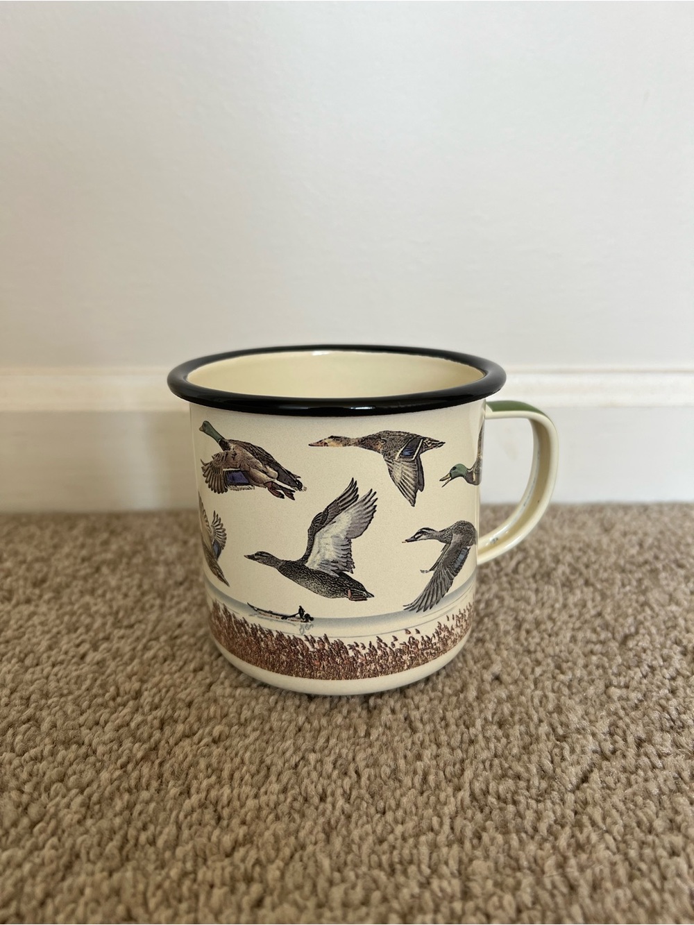 Cream Duck-Print Enamel Camping Mug